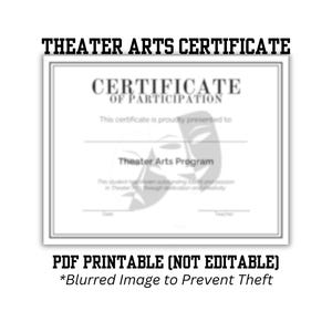 PRINTABLE Theater Arts Certificate of Participation| Drama Club | Creative Arts | High School Drama Club | Printable