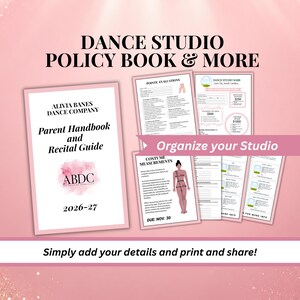 Könnte beinhalten: Ein Satz rosa-weißer Dokumente für ein Tanzstudio, darunter ein Elternhandbuch, ein Rezitalführer und Organisationsformulare. Die Dokumente enthalten Texte wie "Dance Studio Policy Book & More" und "Organize your Studio."