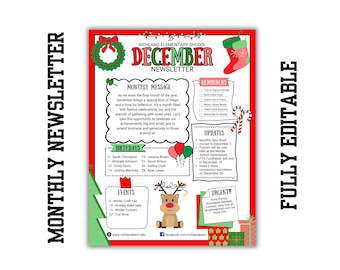 DECEMBER MONTHLY NEWSLETTER, All elements are editable, Great for schools, clubs, homeschool co-ops, churches, daycares, organizations