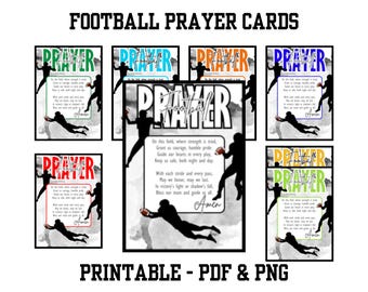 Könnte beinhalten: Druckbare Fußball-Gebetskarten in verschiedenen Farben. Die Karten zeigen eine Silhouette eines Footballspielers mit dem Text "Football Prayer" und einem Gebet für Kraft, Mut und Führung auf dem Spielfeld.