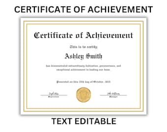 Certificate of Achievement Professional Template | Gold Border | Customizable Award | Instant Download | Printable Certificate Template