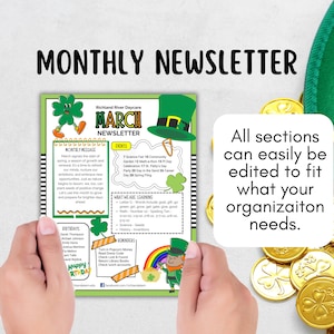 May include: A green and black printable newsletter template for a daycare center. The newsletter is titled "March Newsletter" and features a cartoon leprechaun with a pot of gold. The newsletter includes sections for monthly messages, events, what we are learning, birthdays, and reminders.