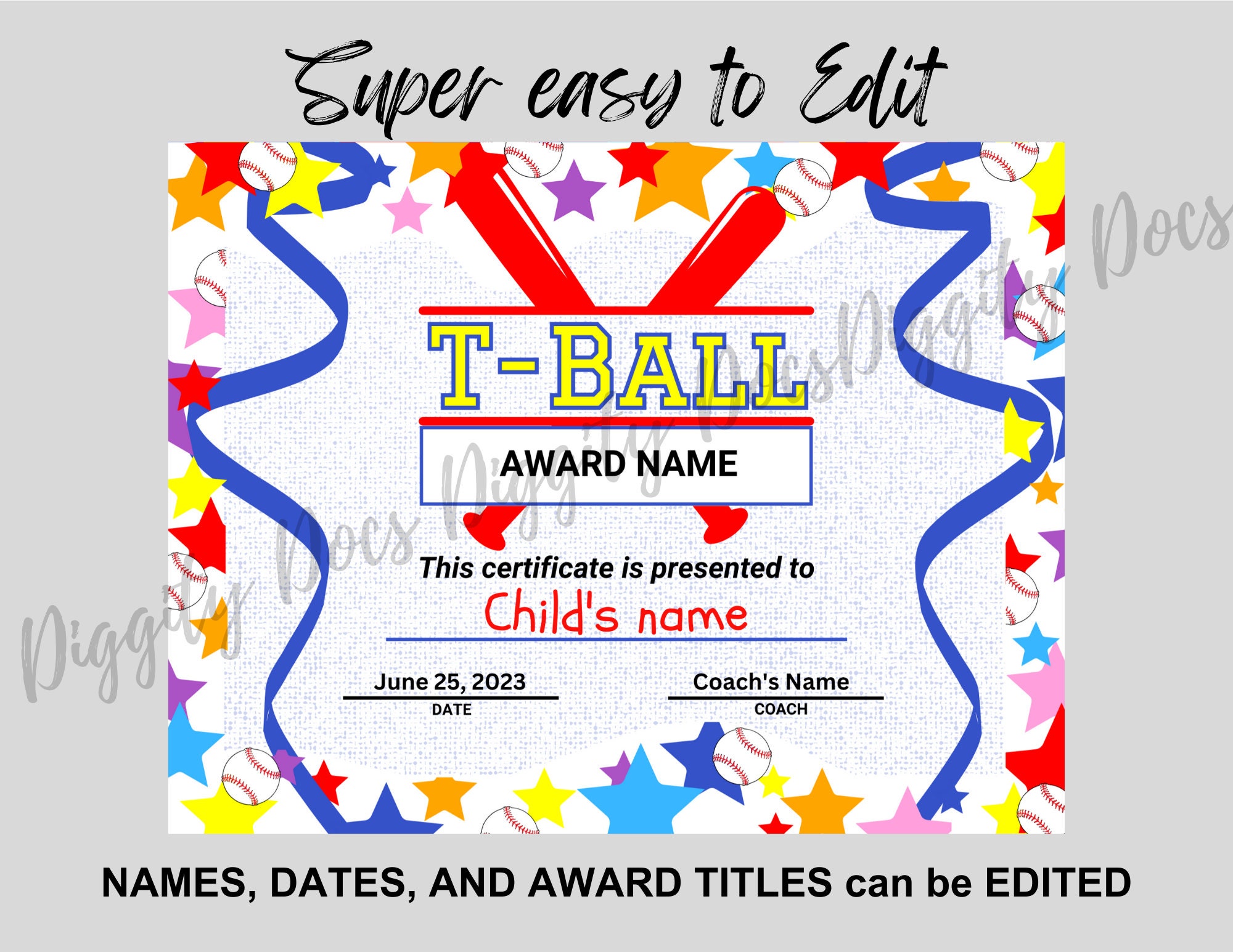 Editable T-ball Certificate Awards Personalize &amp; Celebrate - Etsy
