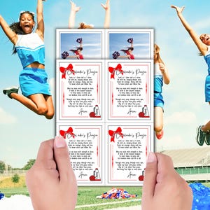 May include: Four printable cards with a cheerleader's prayer. Each card features a red bow, a cheerleader in a blue and white uniform, and a megaphone. The text on the card reads "Cheerleader's Prayer".