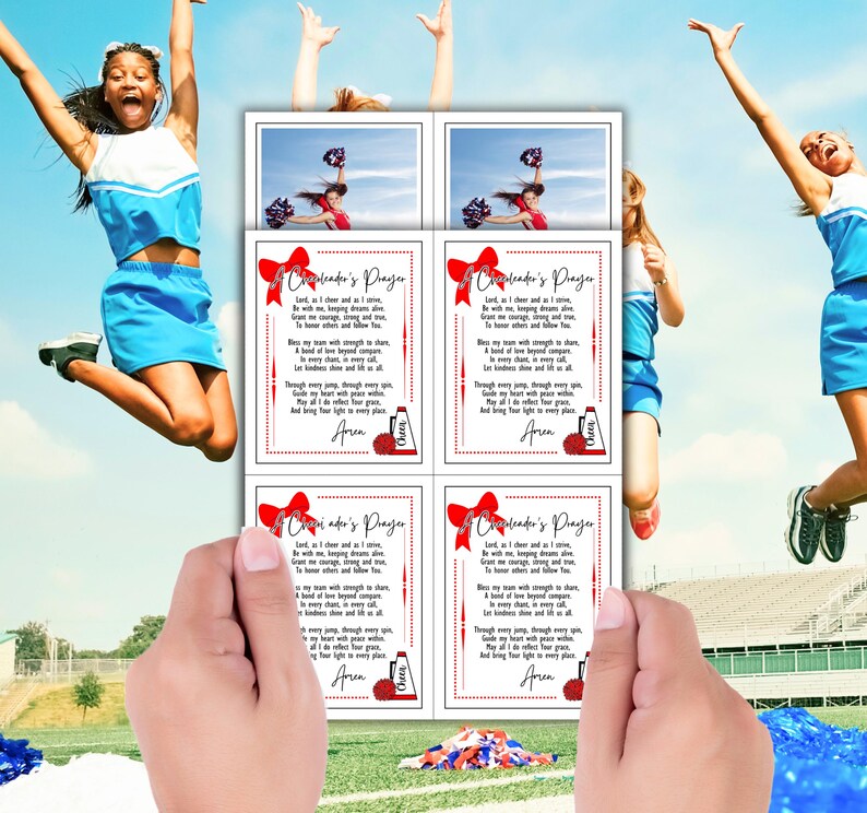 May include: Four printable cards with a cheerleader's prayer. Each card features a red bow, a cheerleader in a blue and white uniform, and a megaphone. The text on the card reads "Cheerleader's Prayer".