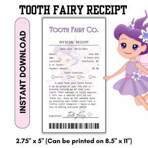 Tooth Fairy Receipt Digital Download - Personalized Memorabilia  2.75x5 Printable - Magical Childhood Keepsake