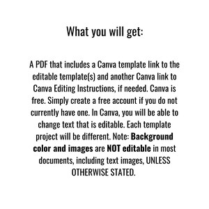 May include: White background with black text. The text reads "What you will get:" followed by a description of a PDF with Canva template links and instructions. It notes that background colors and images are not editable.