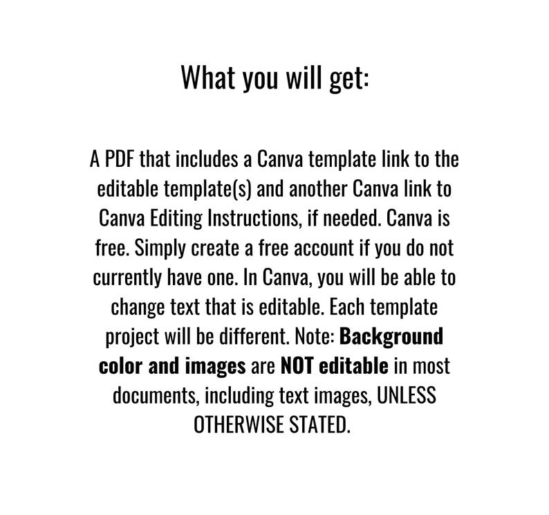 May include: White background with black text. The text reads "What you will get:" followed by a description of a PDF with Canva template links and instructions. It notes that background colors and images are not editable.