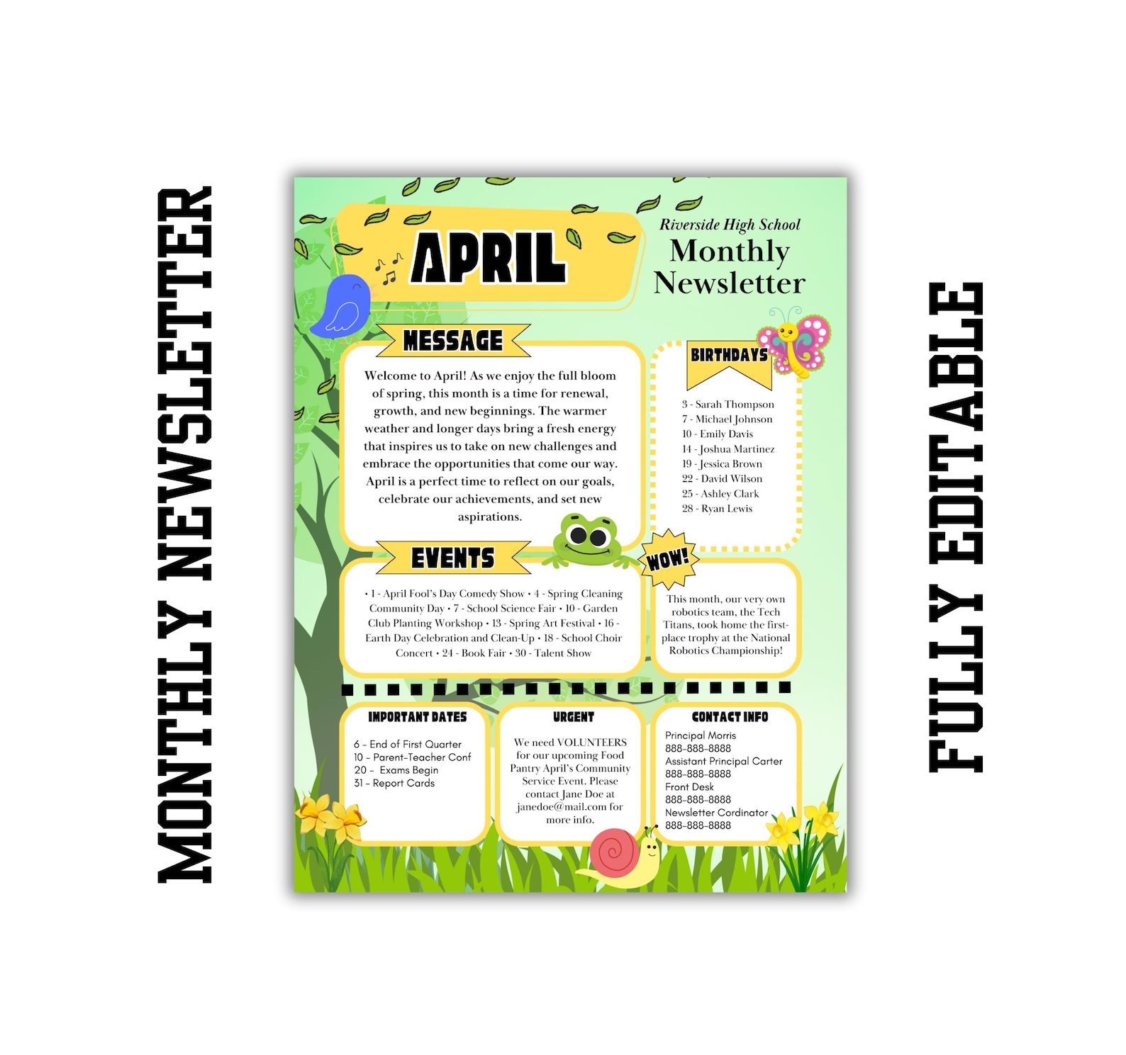 APRIL MONTHLY NEWSLETTER, All Elements Are Editable, Great for Schools ...