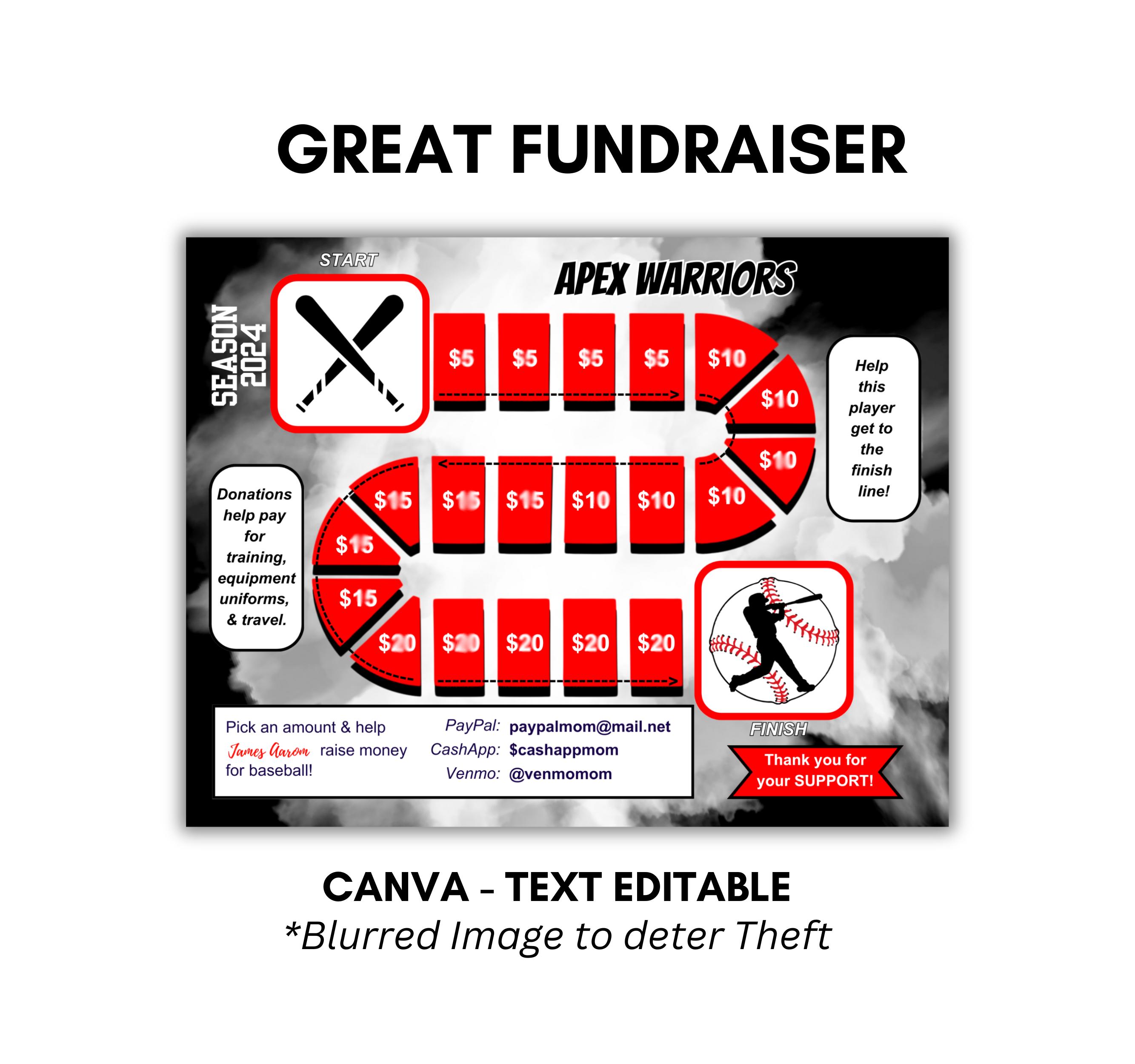 Baseball Fundraiser Game Board, Text Editable Template for AAU Teams ...