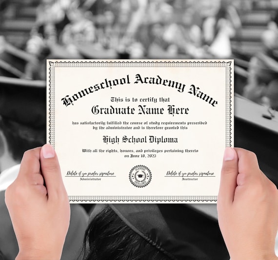 Homeschool High School Diploma Template, Printable Graduation Homeschooler Certificate, Home Education Achievement, Black Border