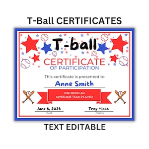T-BALL EDITABLE Award Certificates Cute Red & Blue | Personalize and Celebrate | Instant Download | Tball MVP | Teeball Awards
