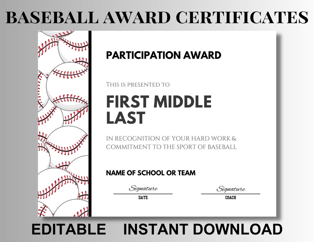 Baseball Award Certificate Templates MVP Award Baseball Etsy