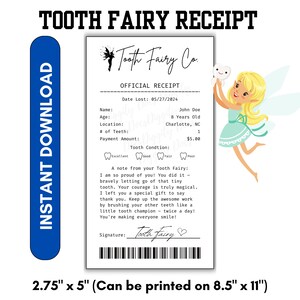 Tooth Fairy Receipt Digital Download - Personalized Memorabilia  2.75x5 Printable - Magical Childhood Keepsake