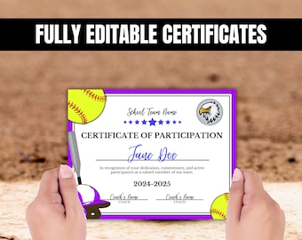 SOFTBALL Certificates | Fully Editable | Softball Awards | End of Year Awards | Participation Awards | Softballl MVP Award | softball AAU |