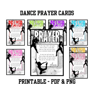 May include: Printable dance prayer cards in various colors with a silhouette of a dancer in a leap pose. The prayer text reads: "On this stage, where souls ignite, Grant us grace, in every light. Guide our steps with fierce desire, Let our movements breathe with fire. In every turn and every leap, May we dance with passion deep. With every beat, let hearts entwine, Bless our art, and make it shine. Amen."