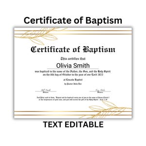 BAPTISM CERTIFICATE TEMPLATE customizable| Personalized Baptismal Record | Printable Church Baptism Certificate | Baptismal Ceremony