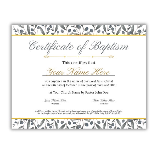 CERTIFICATE of BAPTISM TEMPLATE customizable| Personalized Baptismal Record | Printable Church Baptism Certificate | Baptismal Ceremony