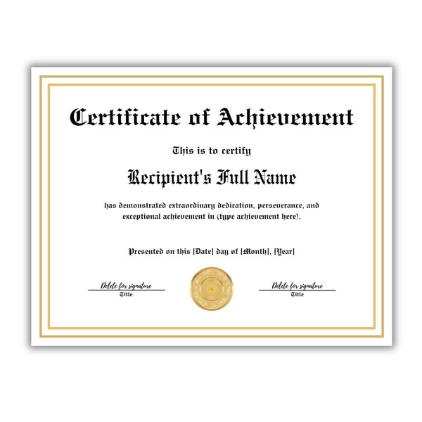 Certificaat van prestatie professionele sjabloon | Gouden rand | Aanpasbare onderscheiding | Direct downloaden | Afdrukbare certificaatsjabloon