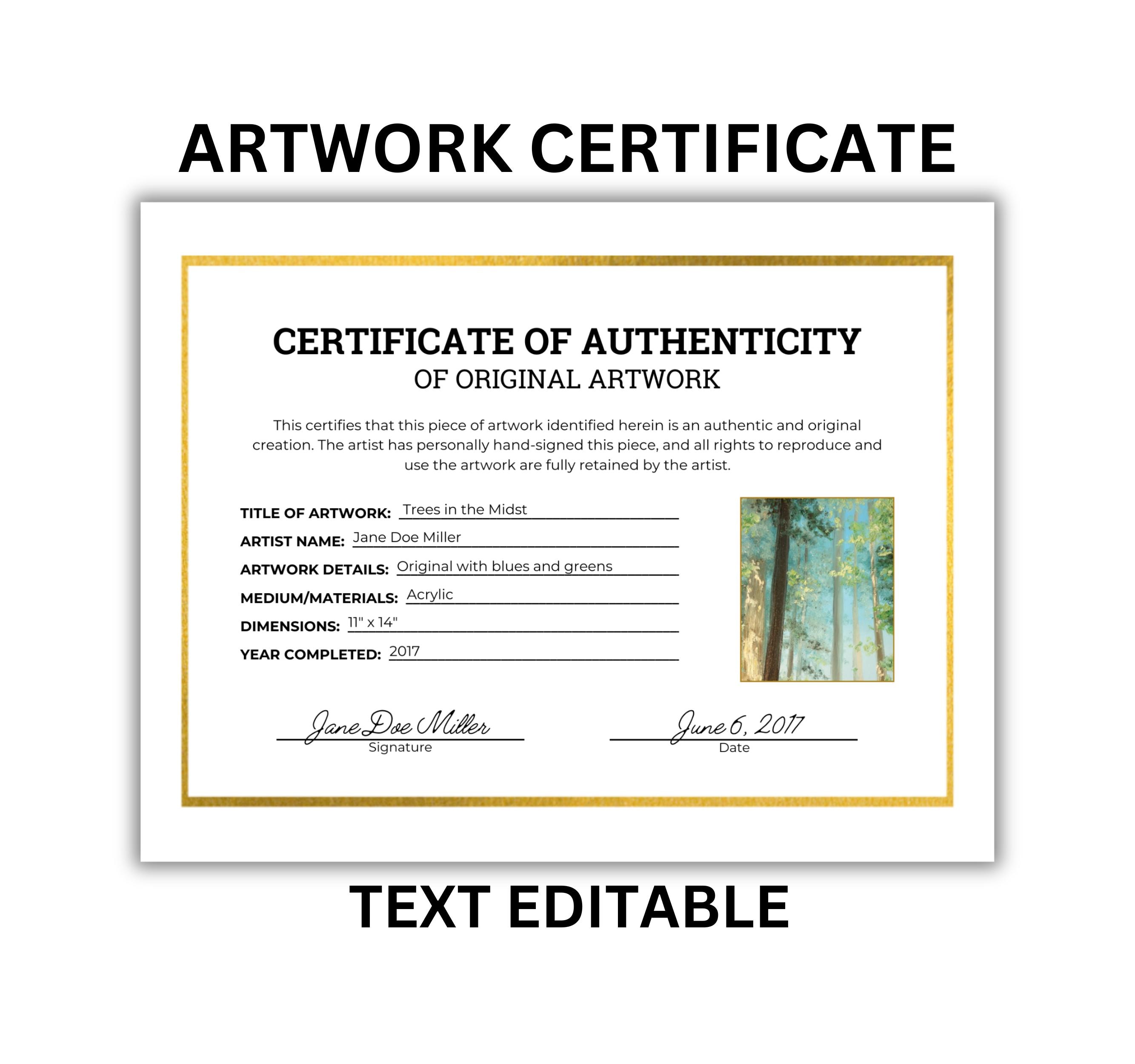 Artwork Certificate of Authenticity Template Digital Download
