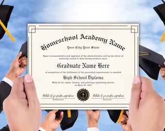 May include: A diploma with the text "Homeschool Academy Name" and "High School Diploma" is held by multiple hands. The diploma has a decorative border and a seal. Graduation caps are visible in the background.