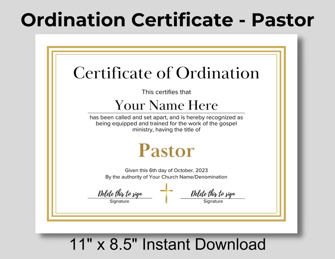 ORDINATION Certificate With Elegant Gold Border: Personalize Your