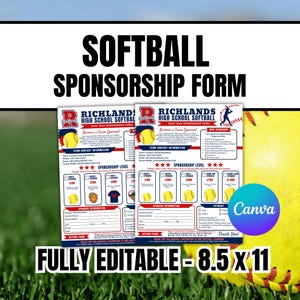 May include: A white softball sponsorship form for Richlands High School featuring red and blue text, a team logo, sponsorship level checkboxes, and contact information fields. The document is 8.5 by 11 inches and includes a yellow softball graphic.