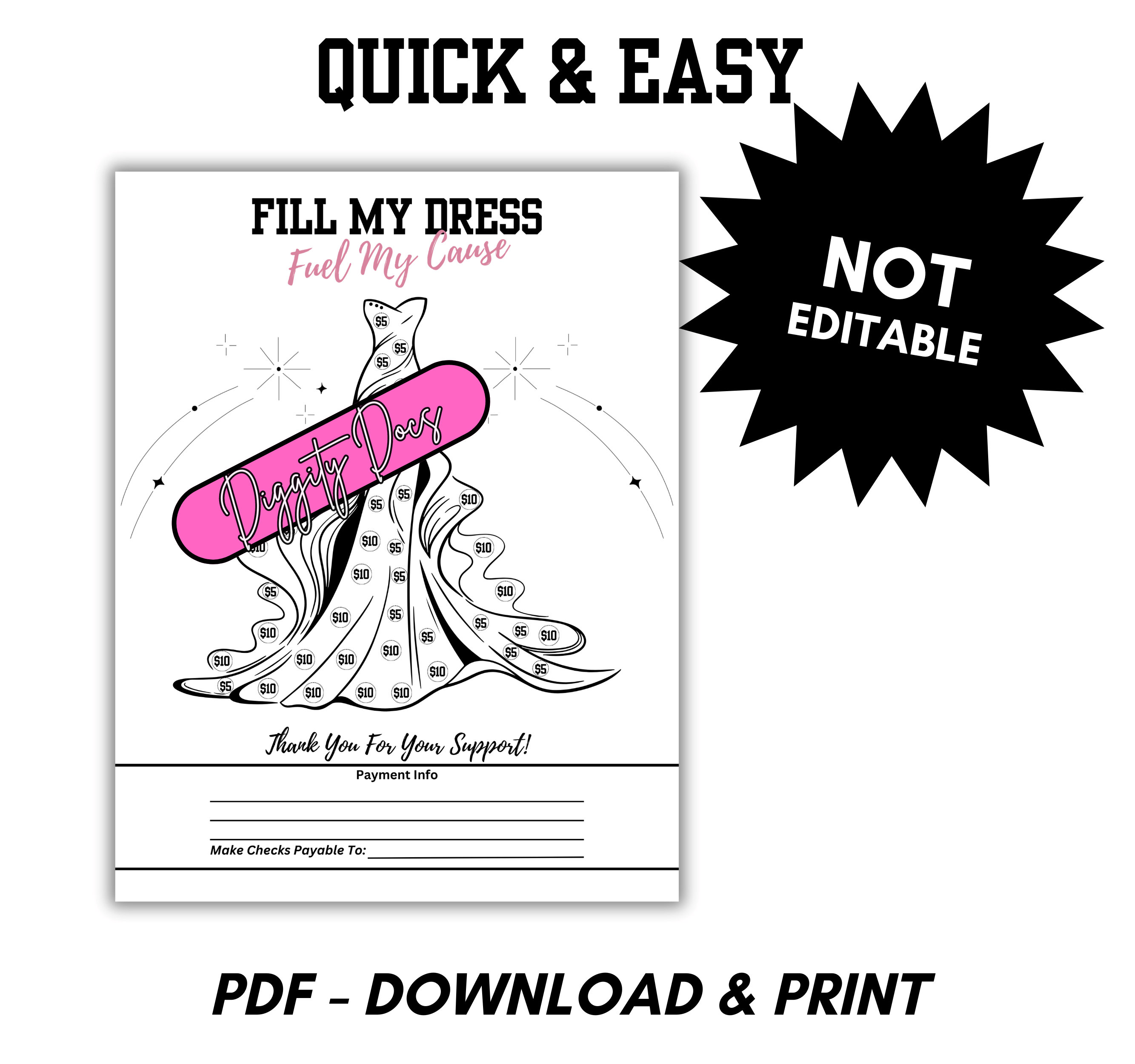 Fill My DRESS Fundraiser | High School Prom | Pageant | Ball Gown |  Printable 8.5" X 11" | Color-in Donation Spots | Instant Download | - Etsy