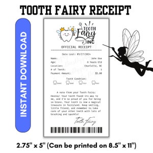 Tooth Fairy Receipt Digital Download - Personalized Memorabilia  2.75x5 Printable - Magical Childhood Keepsake