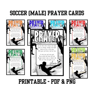 May include: Printable prayer cards for soccer players. The cards feature a black and white illustration of a soccer player with a soccer ball. The text on the cards is in a green, blue, orange, red, and yellow color scheme. The text reads "Soccer Prayer".