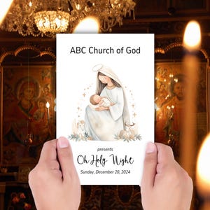 Pode incluir: Um cartão com o texto "ABC Church of God" e "Oh Holy Night" com a data "Domingo, 20 de dezembro de 2024". O cartão apresenta uma ilustração de Maria segurando o menino Jesus, com anjos e animais. O cartão é segurado em frente a um fundo de igreja.