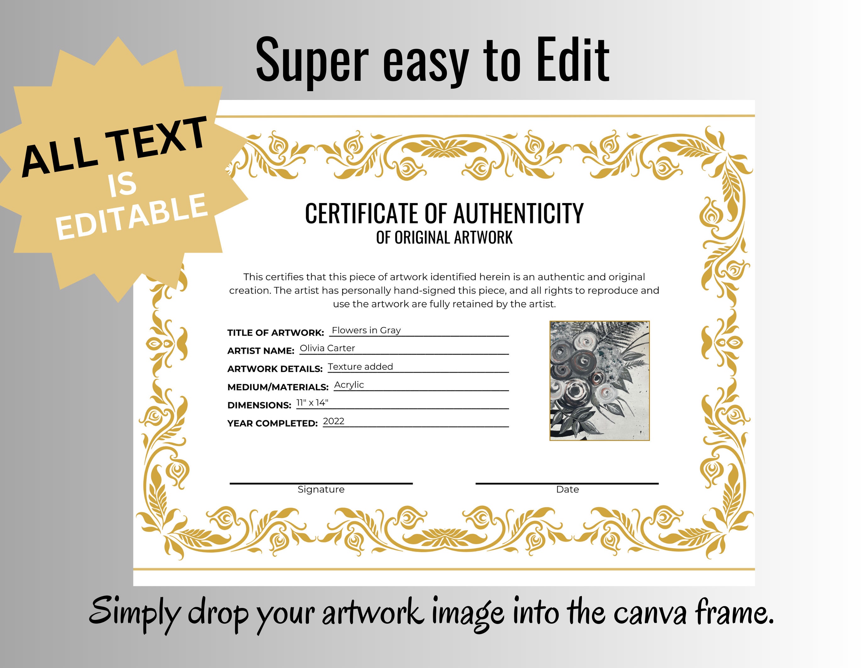 Artwork Certificate of Authenticity Template Digital Download - Etsy