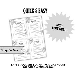 May include: Four printable cards with a floral design and the text "CHEER prayer" in black. The text includes a prayer for cheerleaders. The cards are labeled "Quick & Easy" and "Easy to Use".