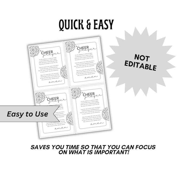 May include: Four printable cards with a floral design and the text "CHEER prayer" in black. The text includes a prayer for cheerleaders. The cards are labeled "Quick & Easy" and "Easy to Use".