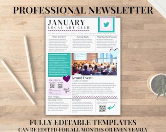 Editable Professional Newsletter Template, Customizable for businesses, nonprofits, schools and more. Easy to use in for print & digital