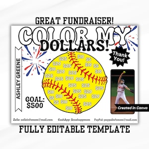 FULLY EDITABLE Color My Dollars Softball Fundraiser, Printable 11&quot; X 8.5&quot;, Instant Download, Fun and unique Fundraising, Home Run, Donations