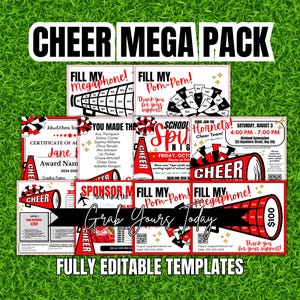 May include: A collection of editable cheerleading templates with a red, white, and black color scheme. The templates include certificates, donation forms, and event details. Text includes "CHEER MEGA PACK", "FILL MY MEGAPHONE!", and "FULLY EDITABLE TEMPLATES".