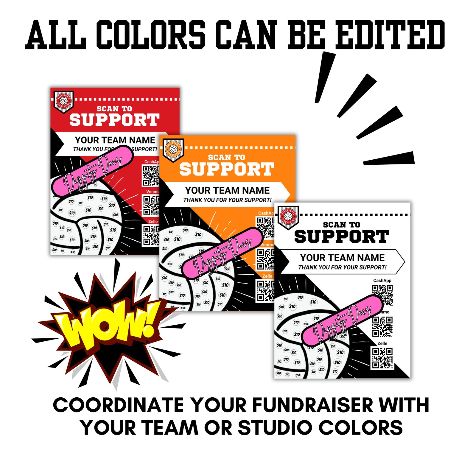 VOLLEYBALL Fundraiser With QR Code, Color Changing, Custom Template ...