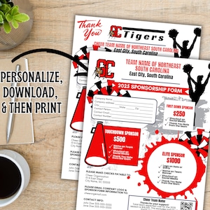 Puede incluir: Dos formularios impresos para el patrocinio de un equipo de porristas. Los formularios son blancos con detalles en rojo y negro, con el nombre del equipo y los niveles de patrocinio. El texto en el formulario incluye "Personalizar, descargar e imprimir".