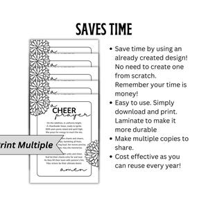 May include: Black and white printable cheerleading prayer card with a cheerleader holding pom-poms. The text reads "Cheer Prayer" and includes a prayer for a successful cheerleading performance. The text also says "Print Multiple" and "Saves Time".