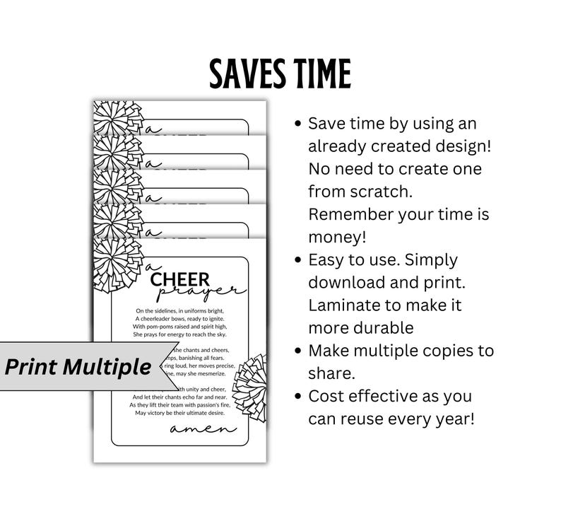 May include: Black and white printable cheerleading prayer card with a cheerleader holding pom-poms. The text reads "Cheer Prayer" and includes a prayer for a successful cheerleading performance. The text also says "Print Multiple" and "Saves Time".