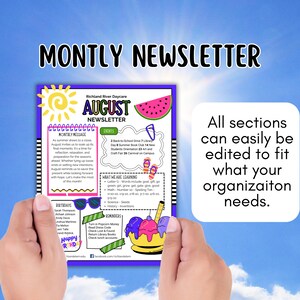 May include: A colorful August newsletter template for a daycare. The template features a sun, watermelon, and flip flops. The text includes "Monthly Newsletter", "Richland River Daycare", "August", "Events", "Monthly Message", "What We Are Learning", "Birthdays", and "Reminders".