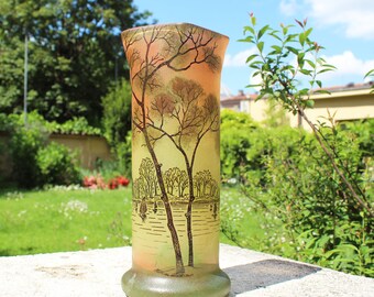 Vase en verre toul type Legras peint à la main paysage Art Déco vintage