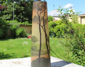 Legras Théodore vase cylindre en verre paysage peint à la main signé vintage Art Déco