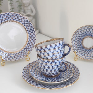 6pcs Lomonosov USSR Gold Cobalt Net Coffee Set Lomonosov Imperial Porcelain Vintage 1970-80 Tea Set