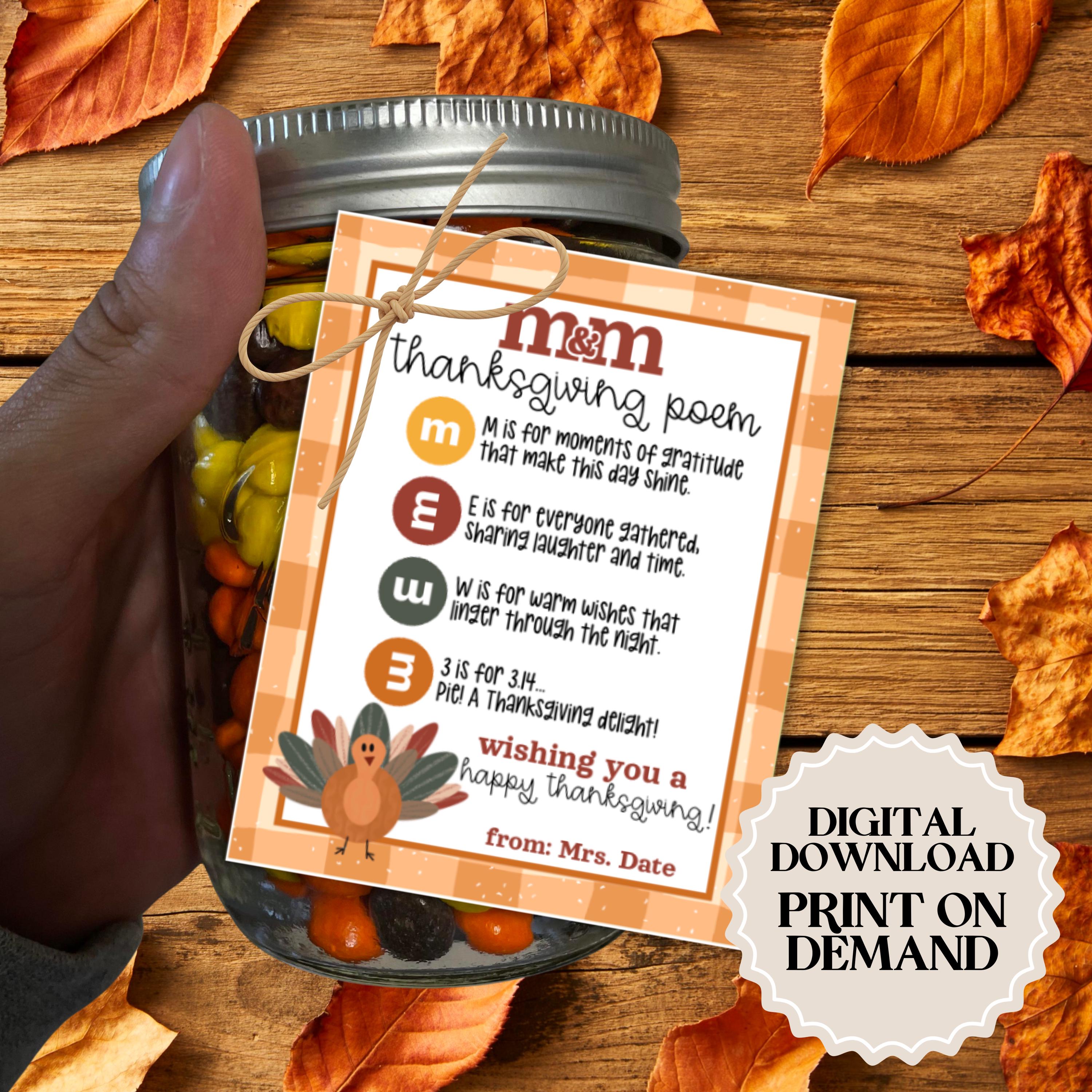 thanksgiving m&m poem gift favor tags | printable pdf - etsy israel