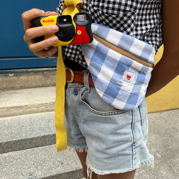 Blue gingham belt bag and yellow strap - Upcycled