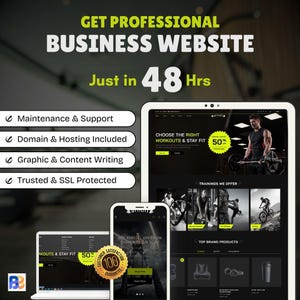 Pode incluir: Imagem que promove serviços de sites profissionais. O texto inclui "Obtenha um site profissional para empresas" e "Em apenas 48 horas". Inclui manutenção, domínio, hospedagem, escrita gráfica e proteção SSL. Maquetes de sites em dispositivos.