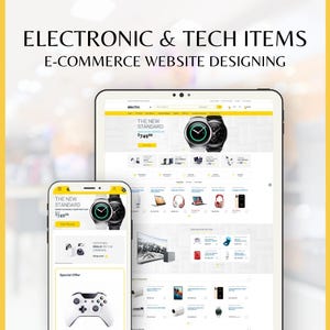 Könnte beinhalten: Ein Smartphone und ein Tablet zeigen eine E-Commerce-Website mit elektronischen und technischen Artikeln. Die Website bietet Smartwatches, Laptops, Kopfhörer und andere Geräte. Der Text "ELECTRONIC & TECH ITEMS" und "E-COMMERCE WEBSITE DESIGNING" ist sichtbar.