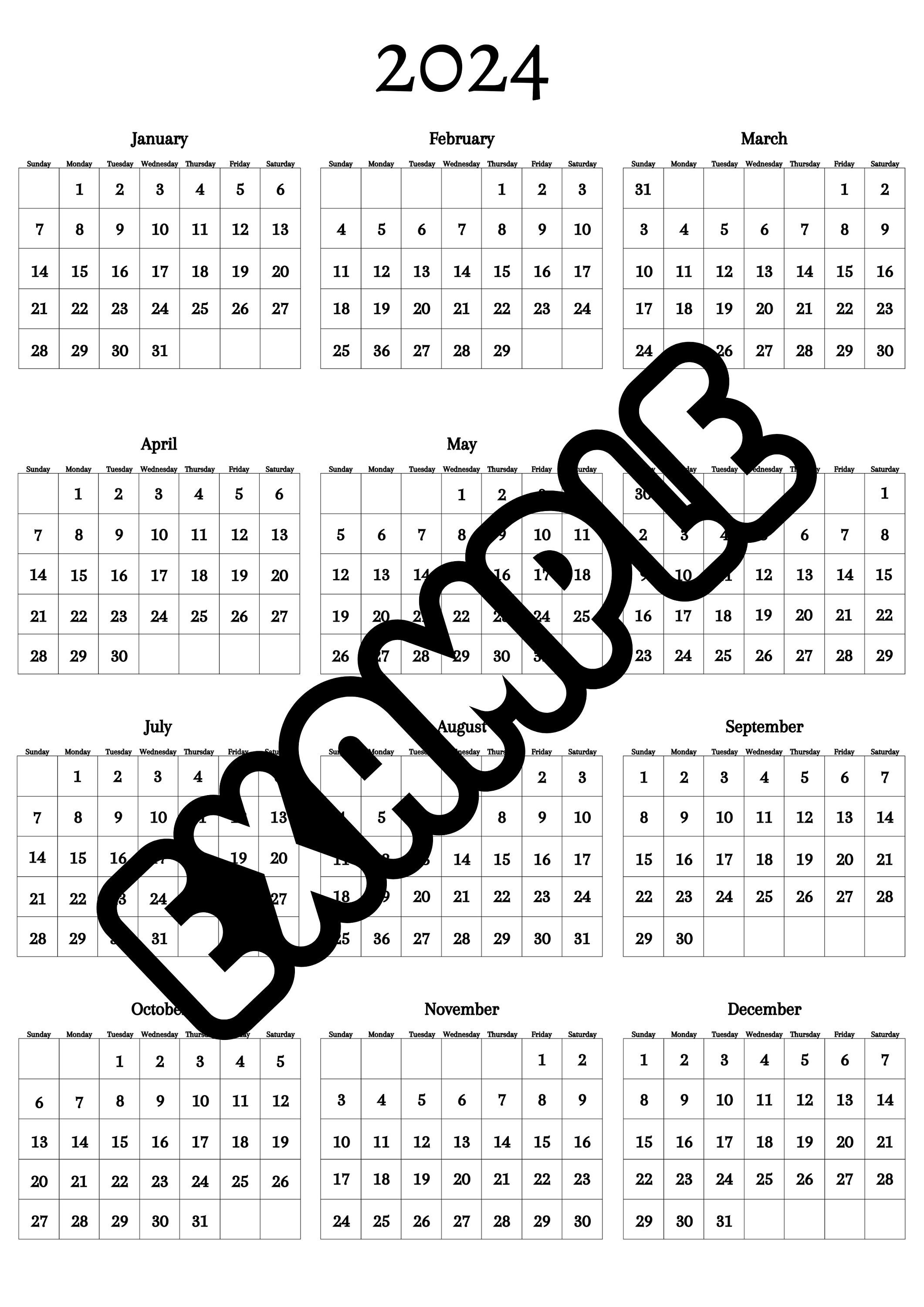 Basic 2024 Year Calendar Etsy